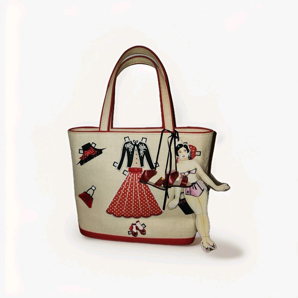 Vintage Lulu Guinness Paper Doll Embroidered Retro Pinup Canvas Handbag Tote